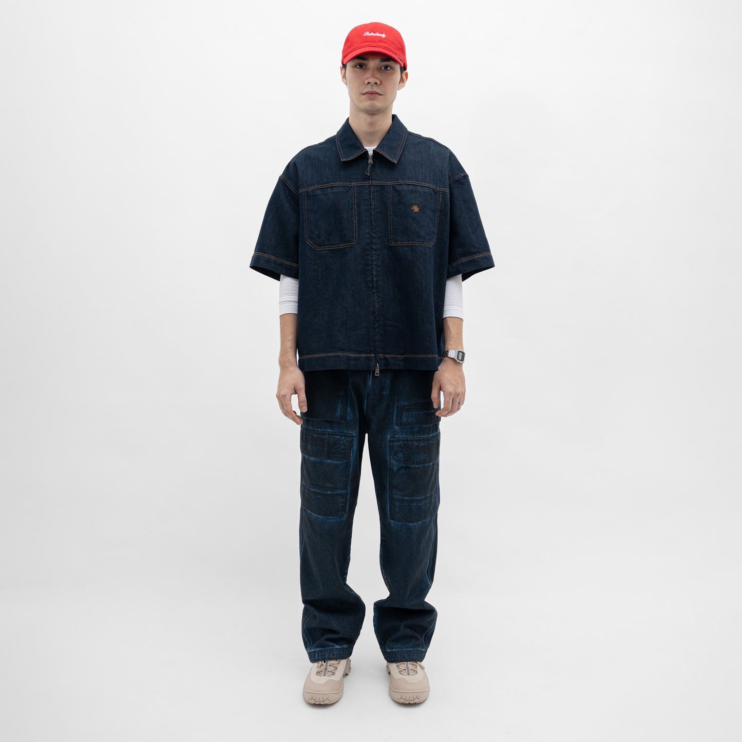 Dual-Zip Denim Cropped Fit Shirt