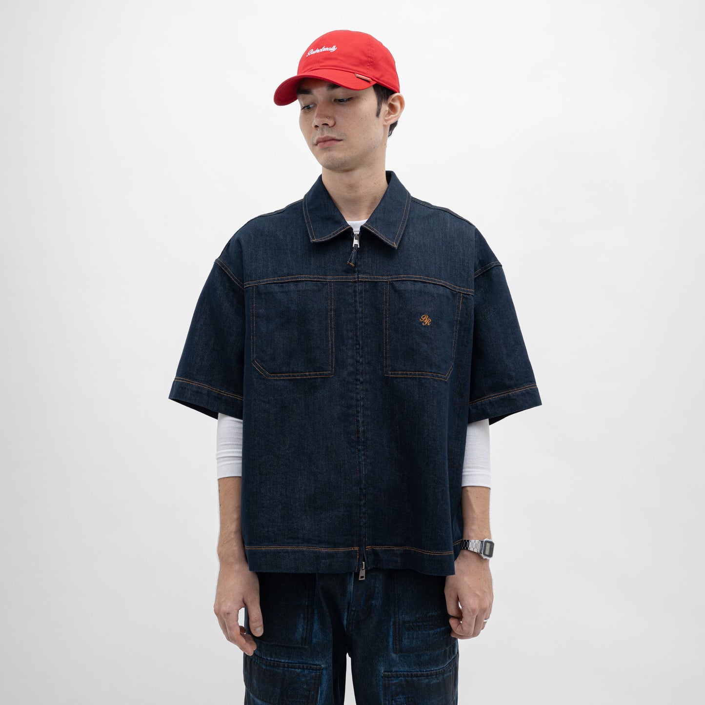 Dual-Zip Denim Cropped Fit Shirt